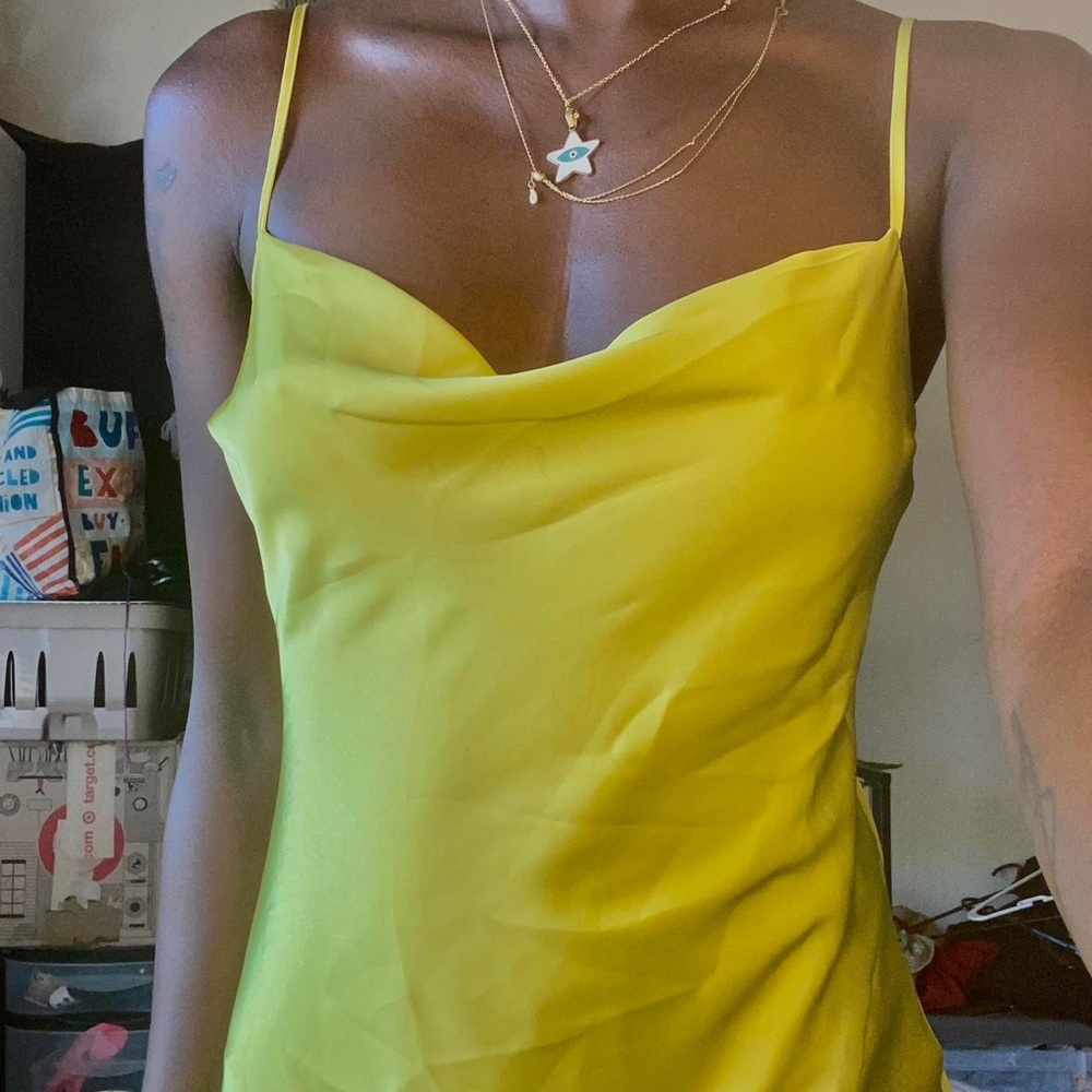 Zara Bright Yellow Cowl Neck Midi Dress with Front Slit - Picture 6 of 7